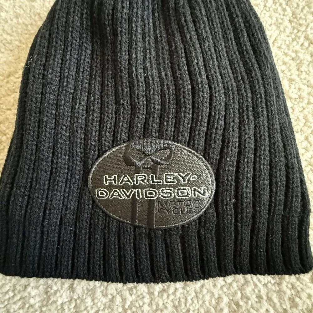 Harley-Davidson Beanie Cap Black Rib Knit Fleece LIned Leather Skull Embroidery - Picture 3 of 12